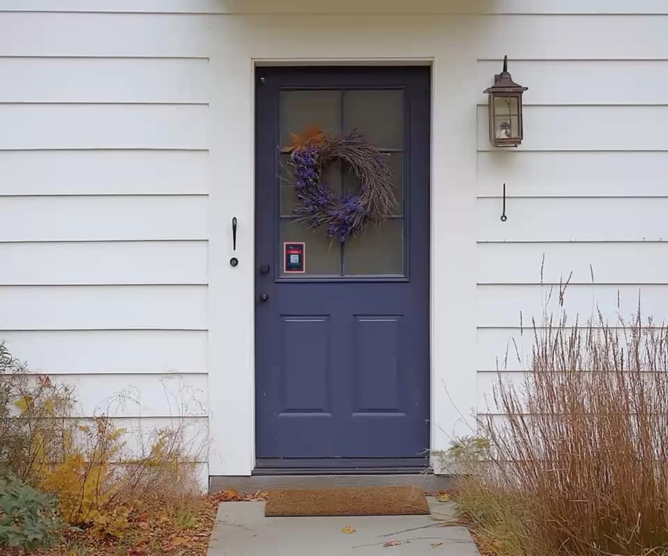 A navy front door with a NoKnock do-not-solicit decal displayed beneath the wreath